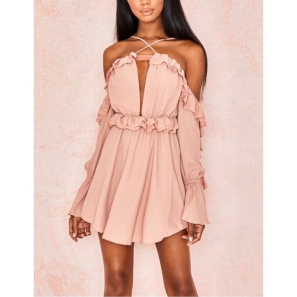 House of CB SERENITY BLUSH Pink OFF SHOULDER RUFFLED MINI DRESS